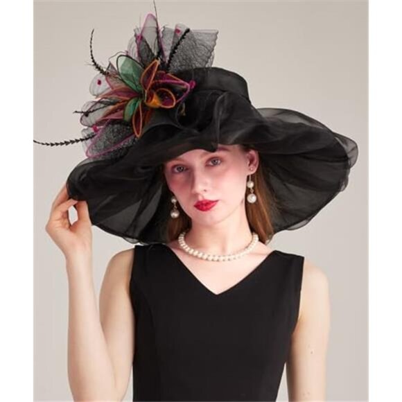 Women\'s Derby Church Hat Organza Flower Fascinator Wide Brim Sun Hat main image 4